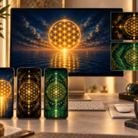 Flower of Life Phone & Desktop Wallpaper Pack | Blue, Black & Emerald with Gold Sacred Geometry Digital Backgrounds