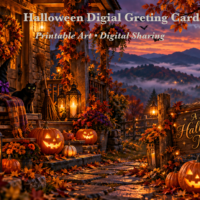Halloween mountain porch scene with glowing pumpkins and a moonlit sky.