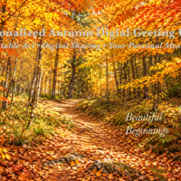 Golden autumn woodland path with Beautiful Beginnings lettering and printable greeting card heading.